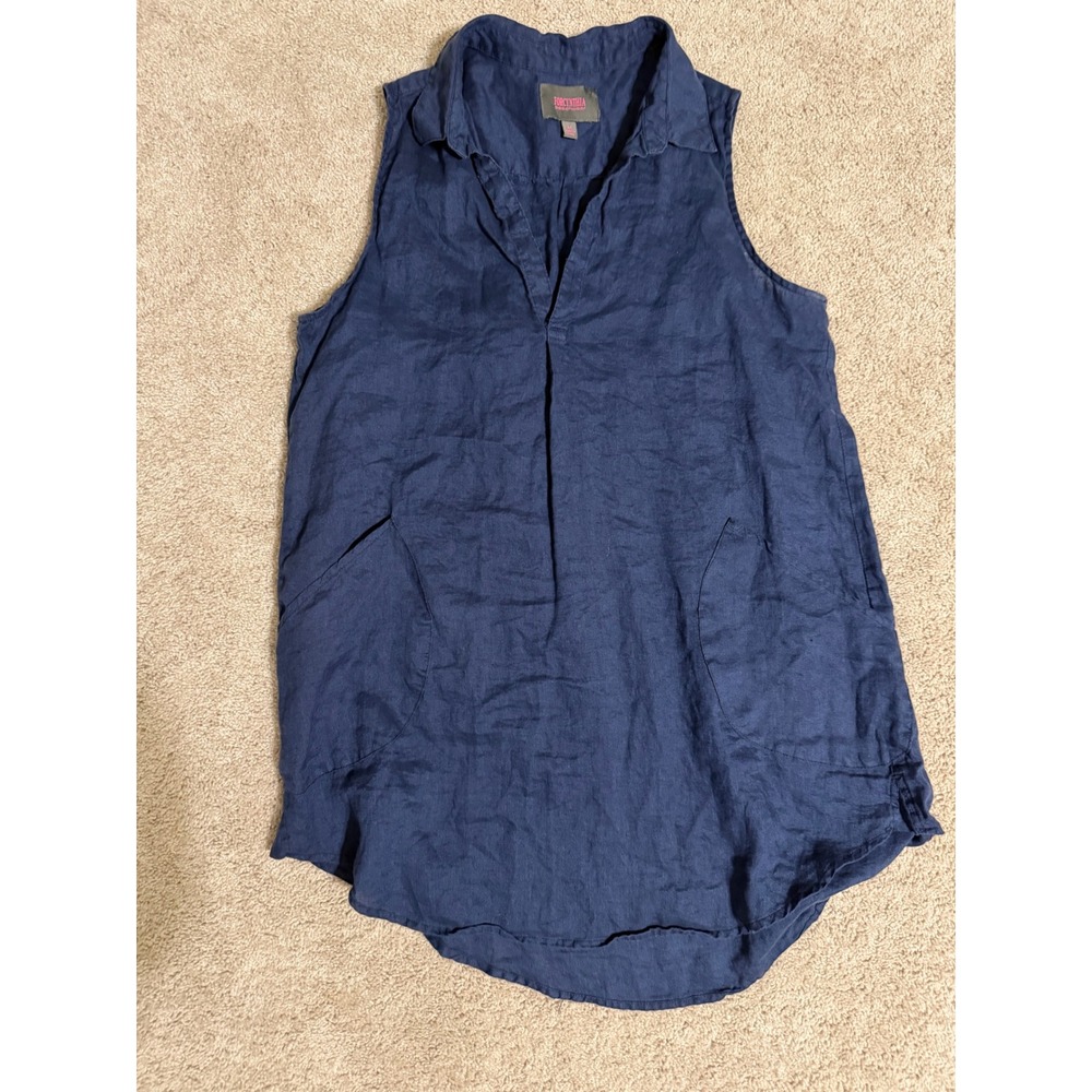 Forcynthia Navy Blue 100% Linen Sleeveless Tunic‎ Top V-Neck Pockets Medium